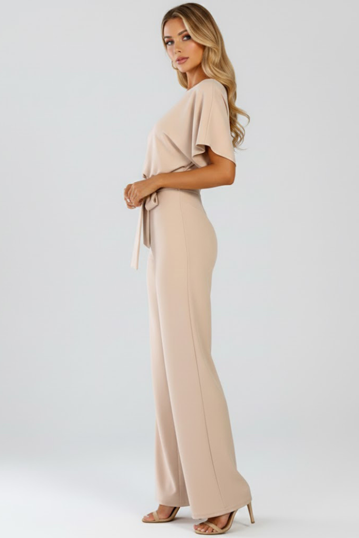 Women's jumpsuit - short sleeve wide leg full-length romper with belt