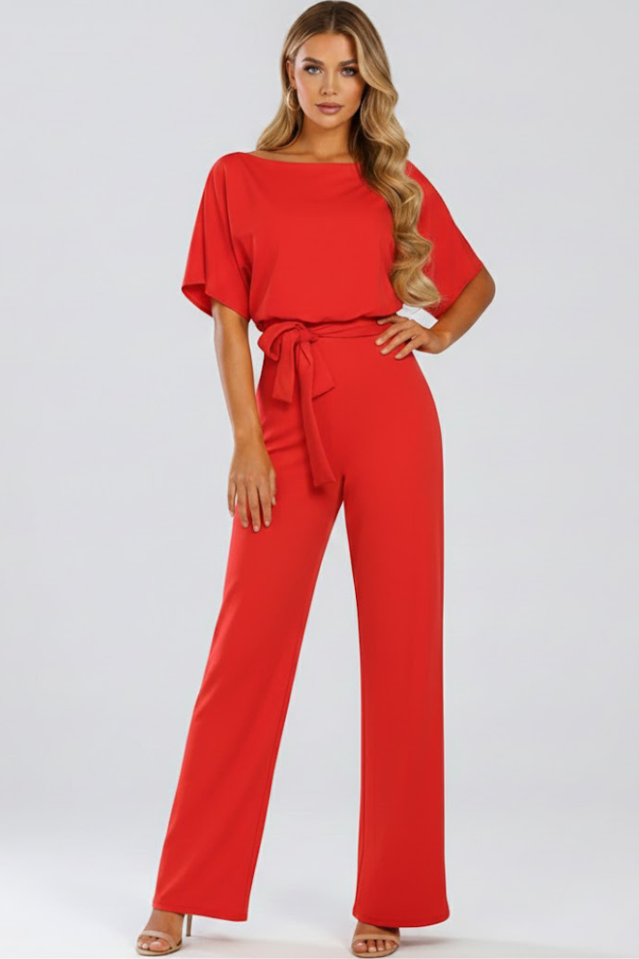 Women's jumpsuit - short sleeve wide leg full-length romper with belt