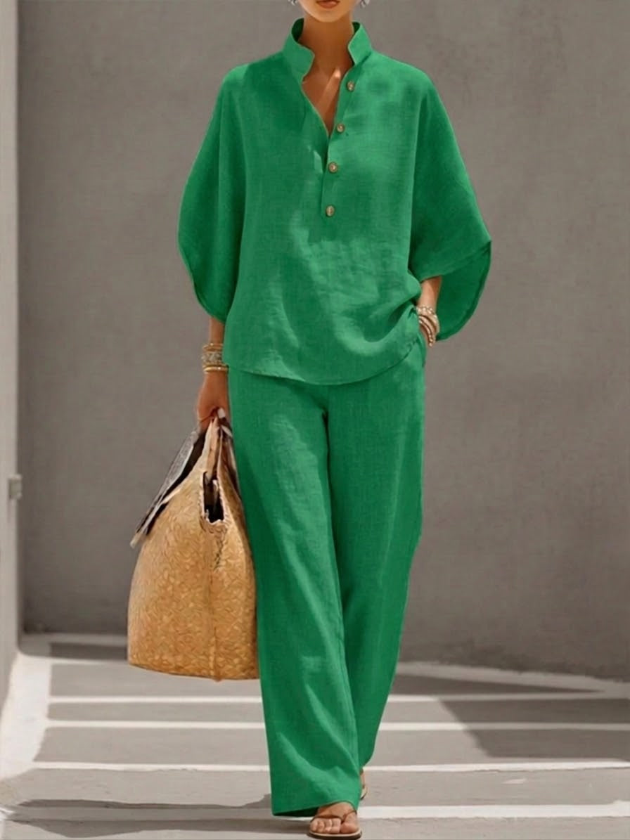 Women's two-piece set batwing sleeve top wide trousers