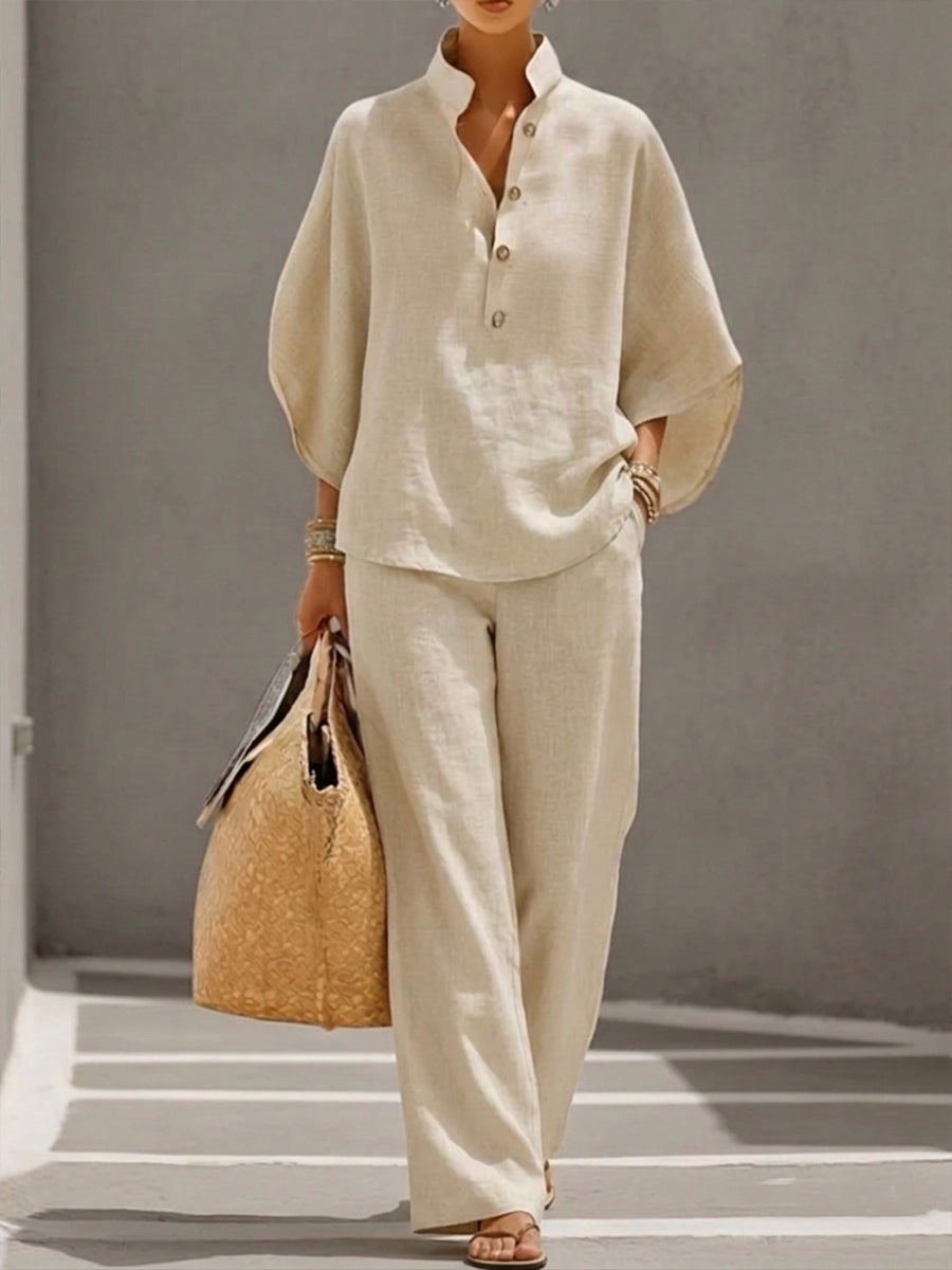 Women's two-piece set batwing sleeve top wide trousers