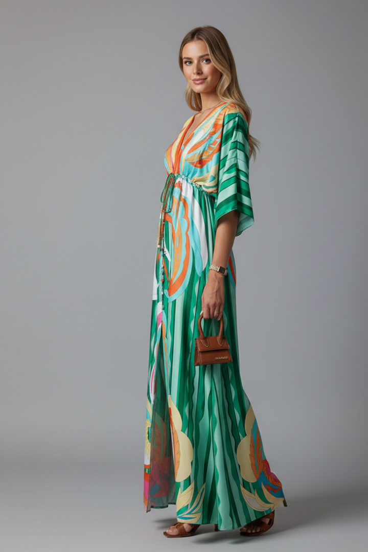 Women's maxi dress - printed three-quarter batwing sleeve dress with waist tie