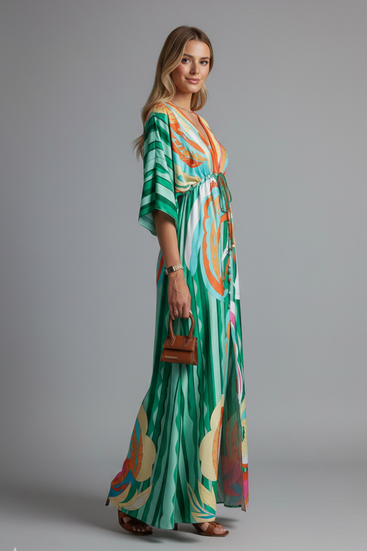 Women's maxi dress - printed three-quarter batwing sleeve dress with waist tie