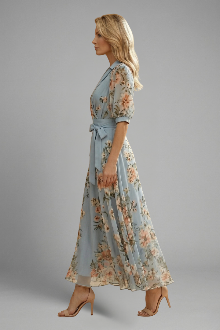 Women's midi dress - short sleeve v-neck patterned day dress for summer
