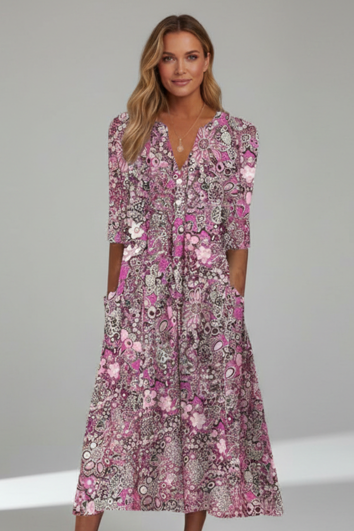 Women's midi dress - three-quarter sleeve V-neck relaxed fit dress for the beach