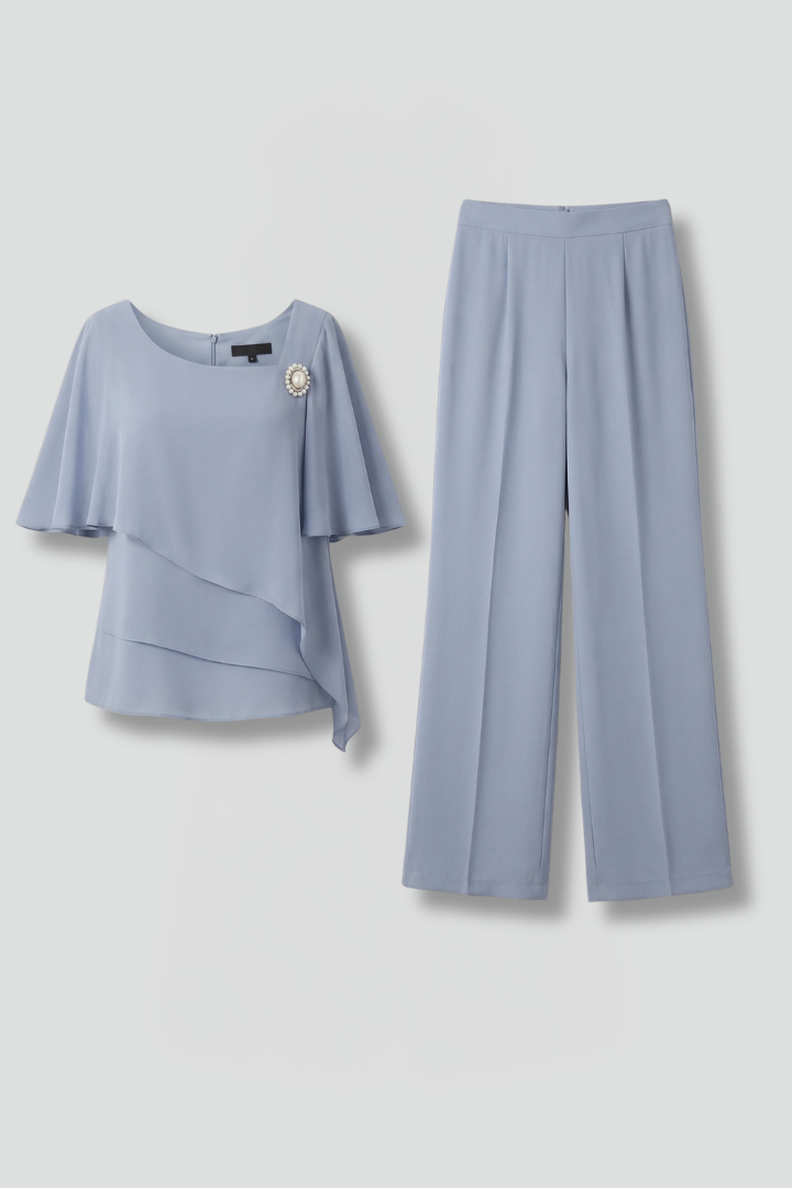 Women's two-piece set - short sleeve layered top and straight leg trousers | home