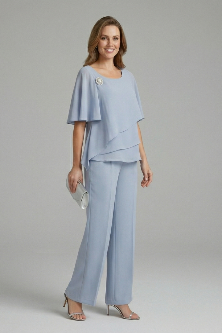 Women's two-piece set - short sleeve layered top and straight leg trousers | home