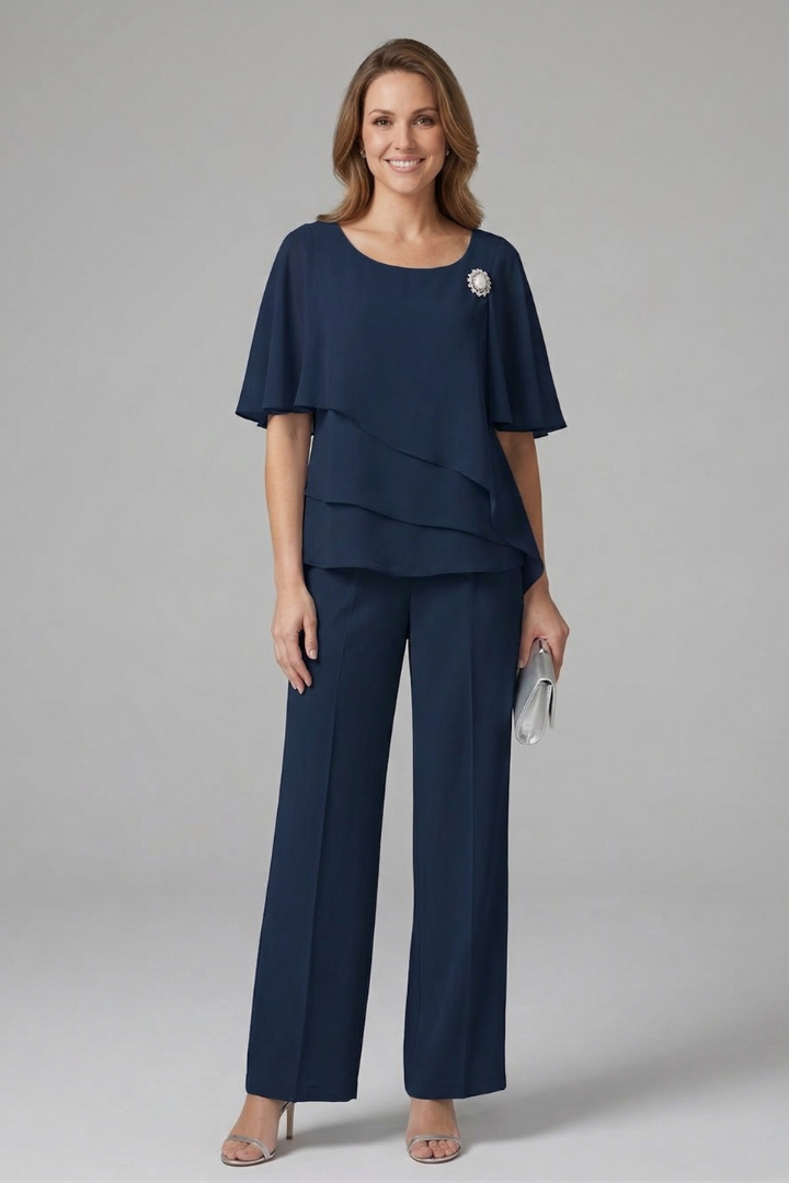 Women's two-piece set - short sleeve layered top and straight leg trousers | home