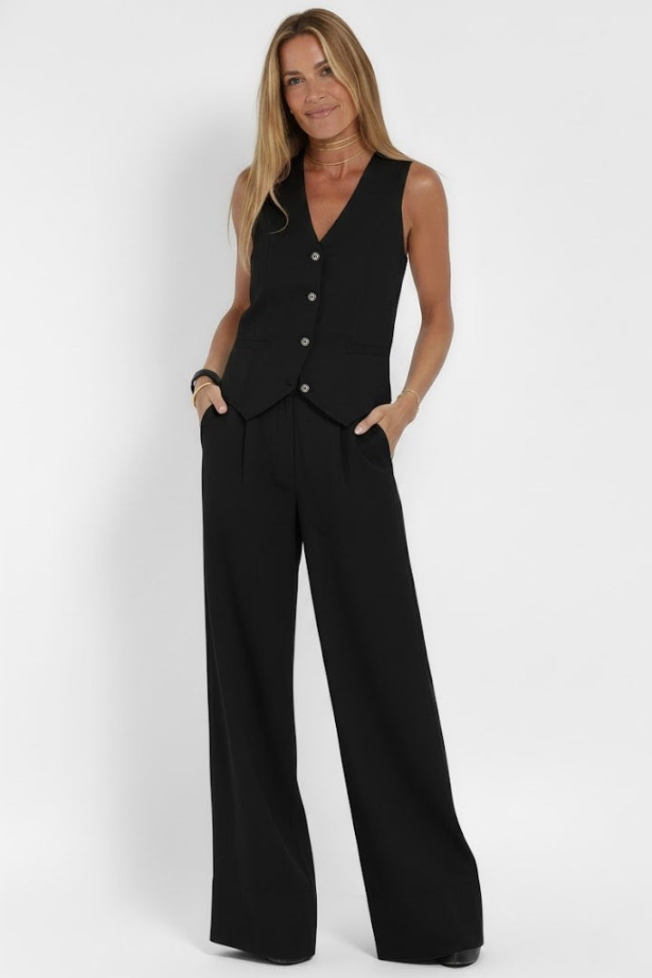 Women's two-piece suit - buttoned V-neck vest and wide-leg trousers | office wear