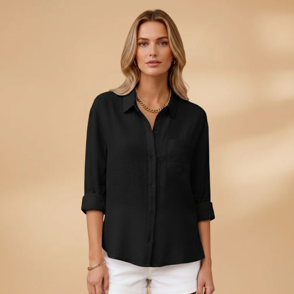Women's short-sleeve blouse - tailored round neck shirt with button placket | home