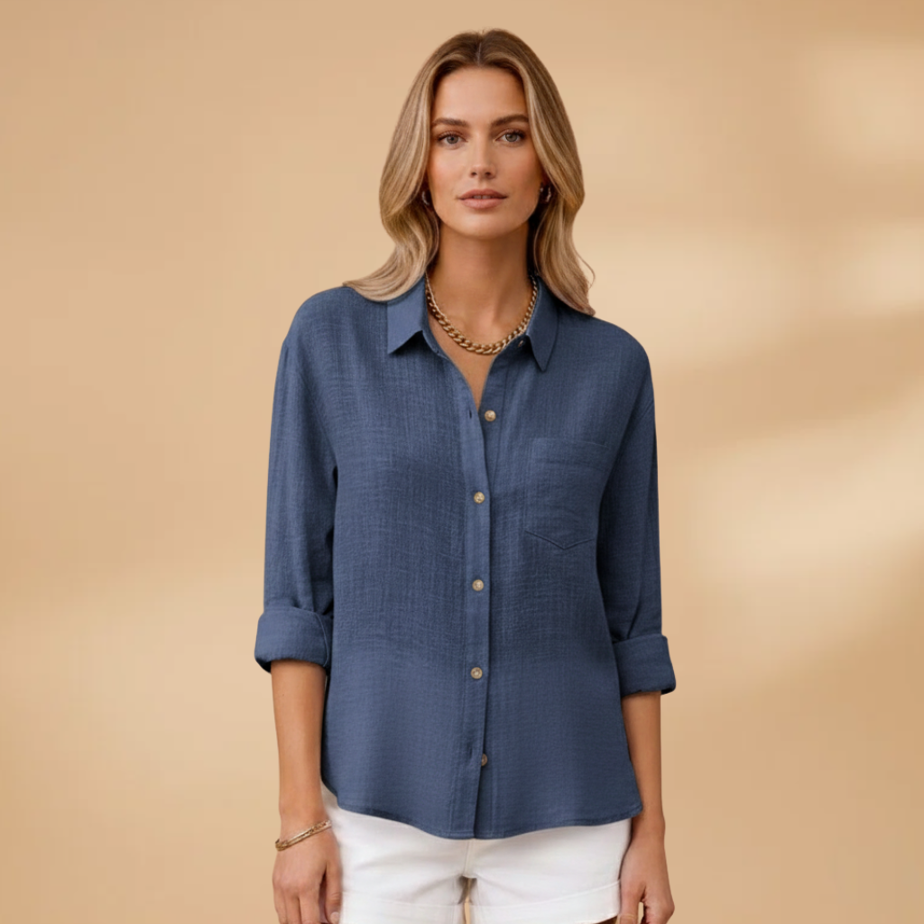 Women's short-sleeve blouse - tailored round neck shirt with button placket | home