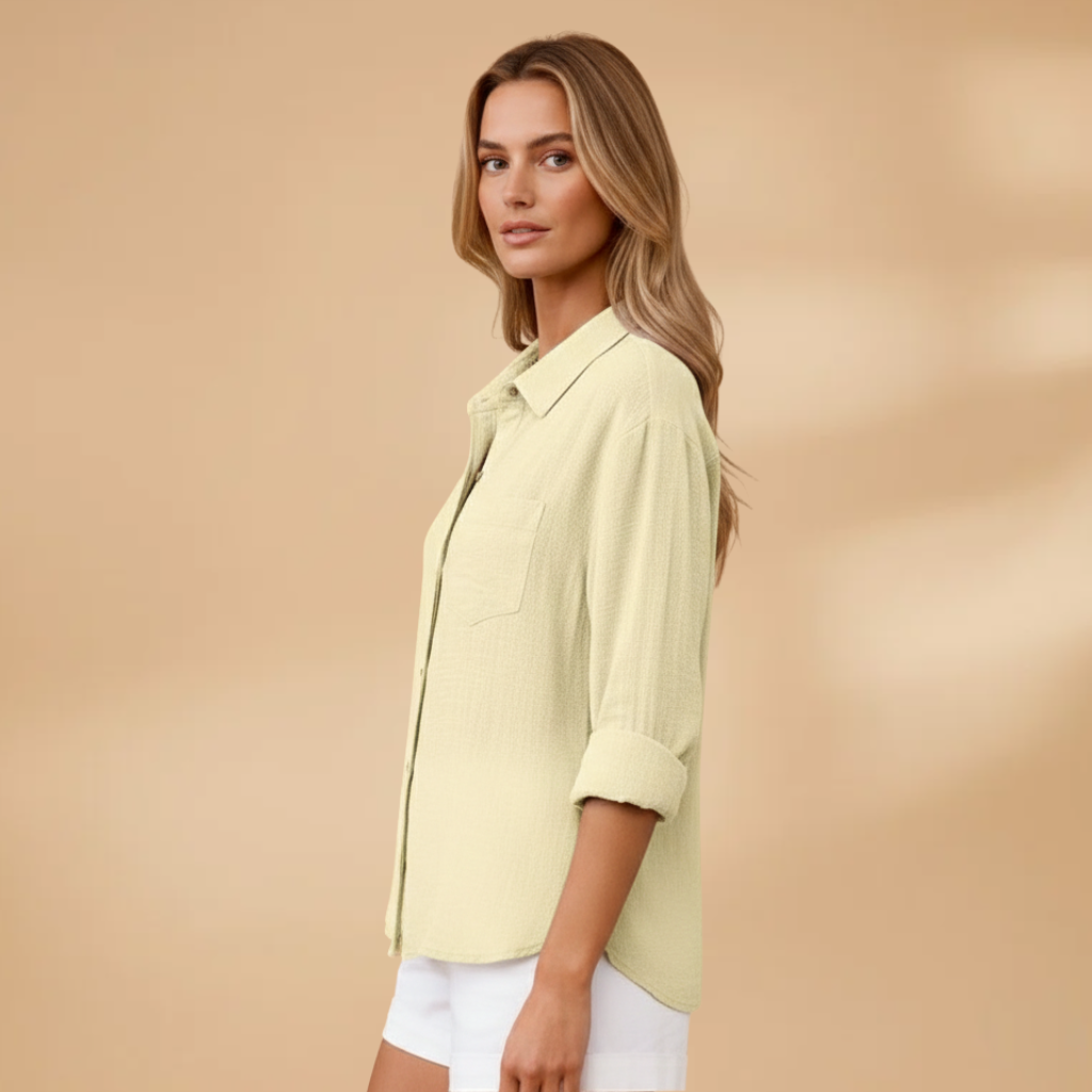 Women's short-sleeve blouse - tailored round neck shirt with button placket | home
