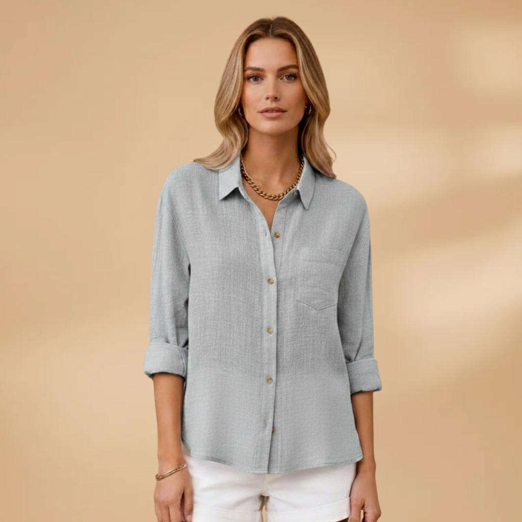Women's short-sleeve blouse - tailored round neck shirt with button placket | home