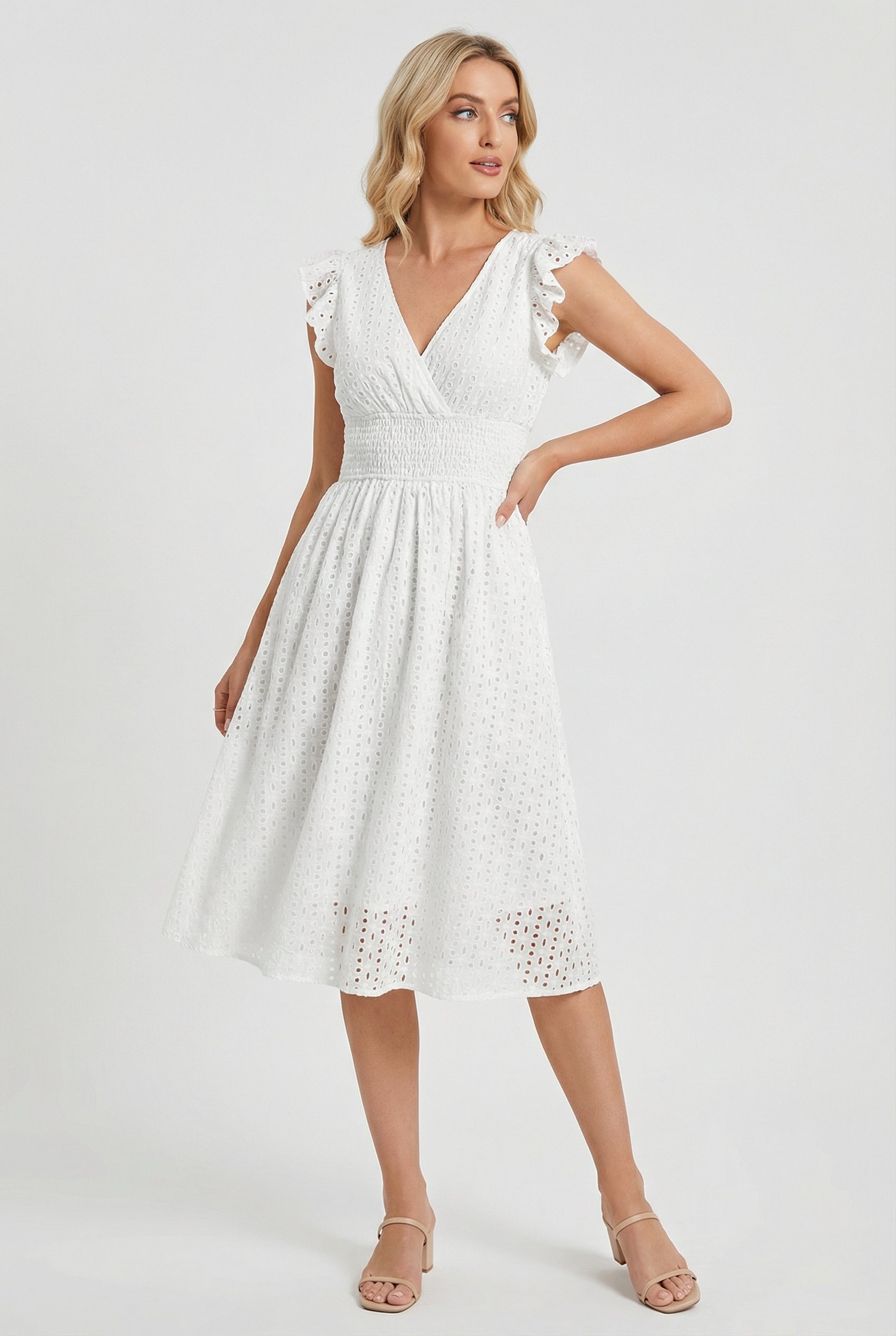 Women's A-line dress - eyelet midi summer dress with smocked waist | garden party