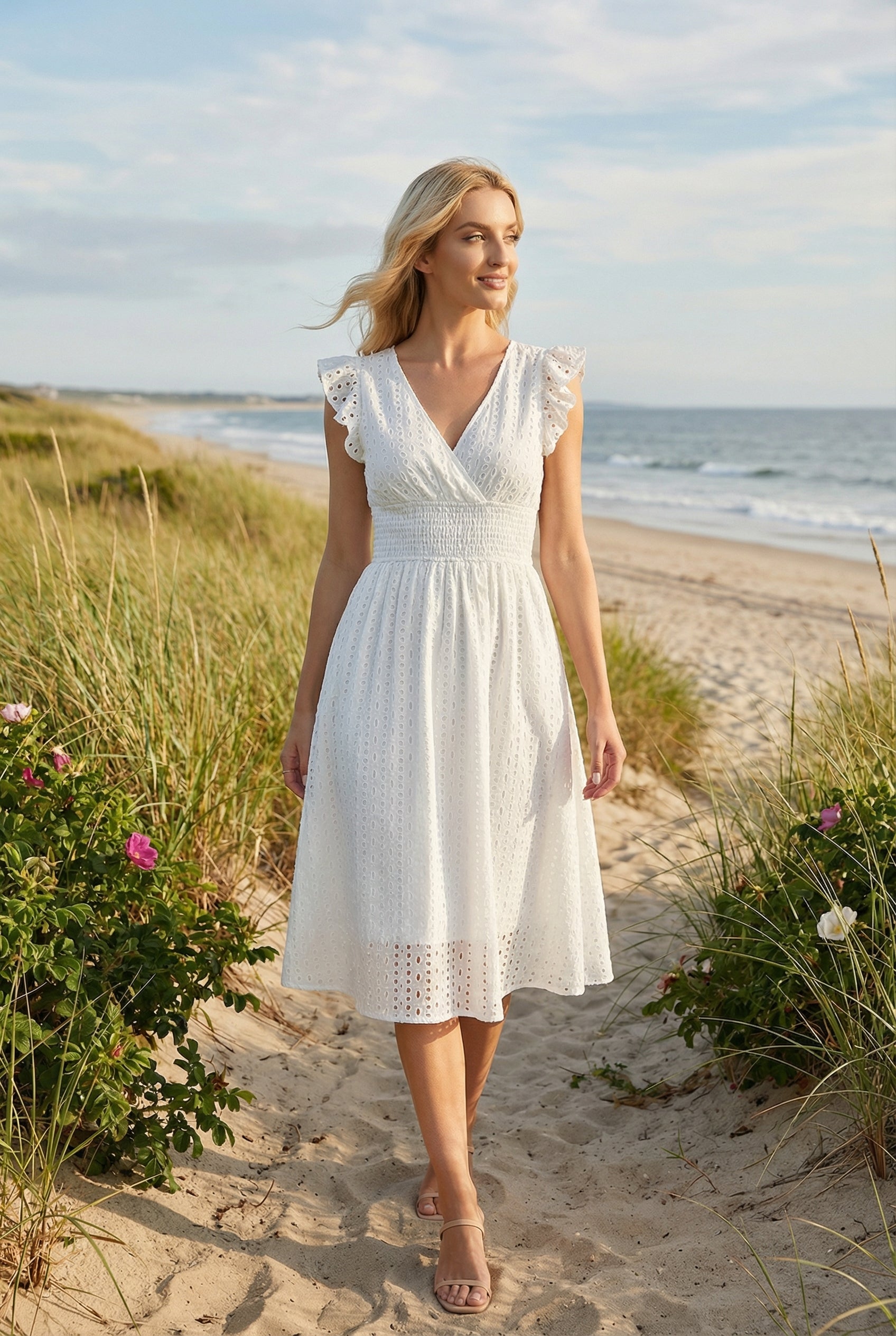 Women's A-line dress - eyelet midi summer dress with smocked waist | garden party