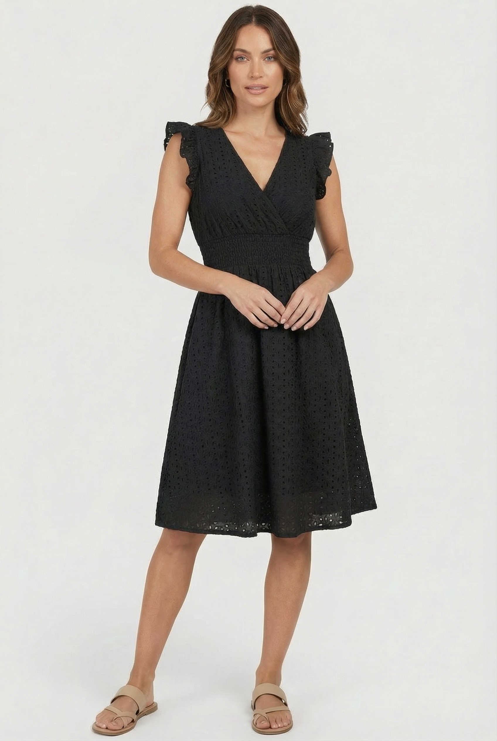 Women's A-line dress - eyelet midi summer dress with smocked waist | garden party