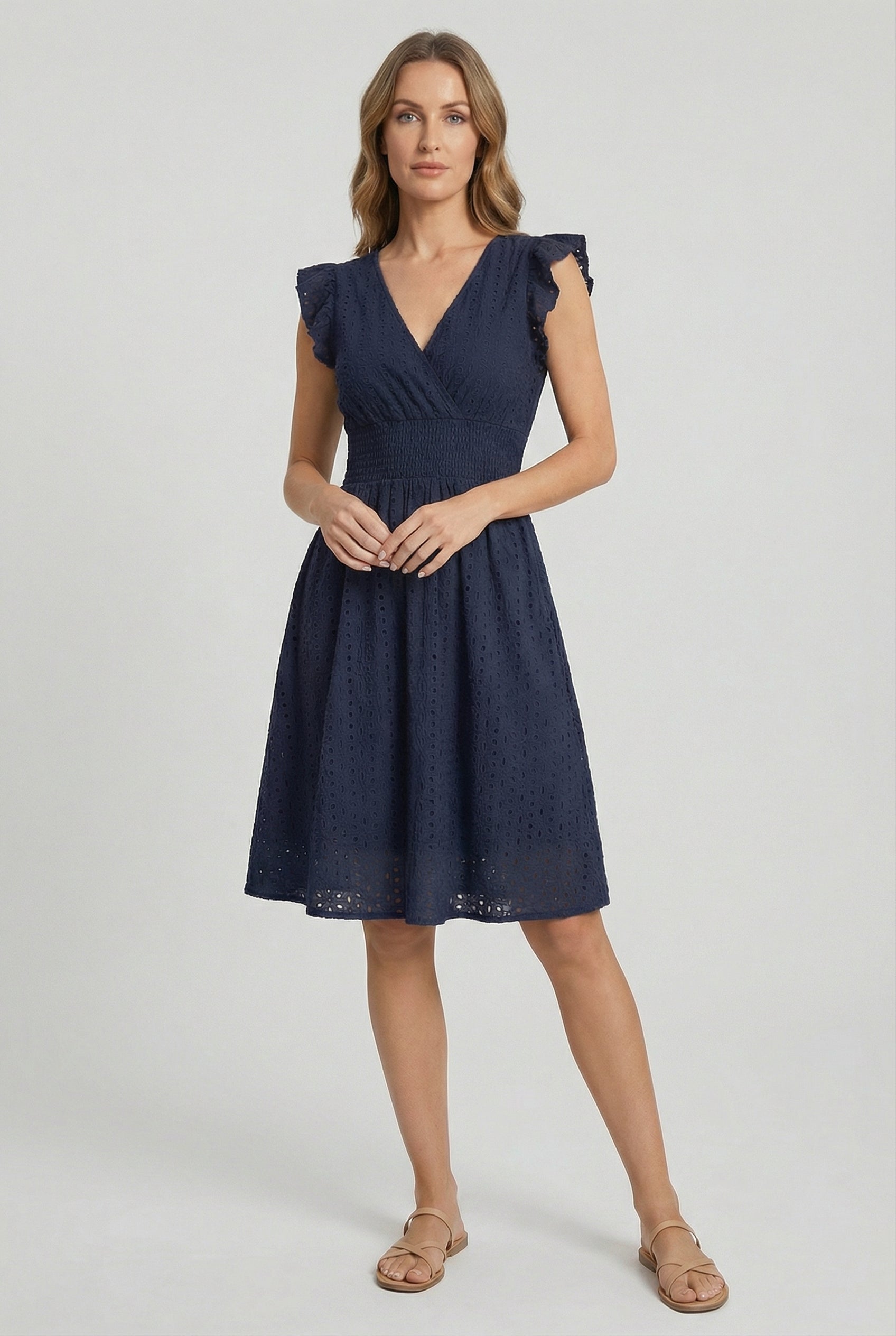 Women's A-line dress - eyelet midi summer dress with smocked waist | garden party