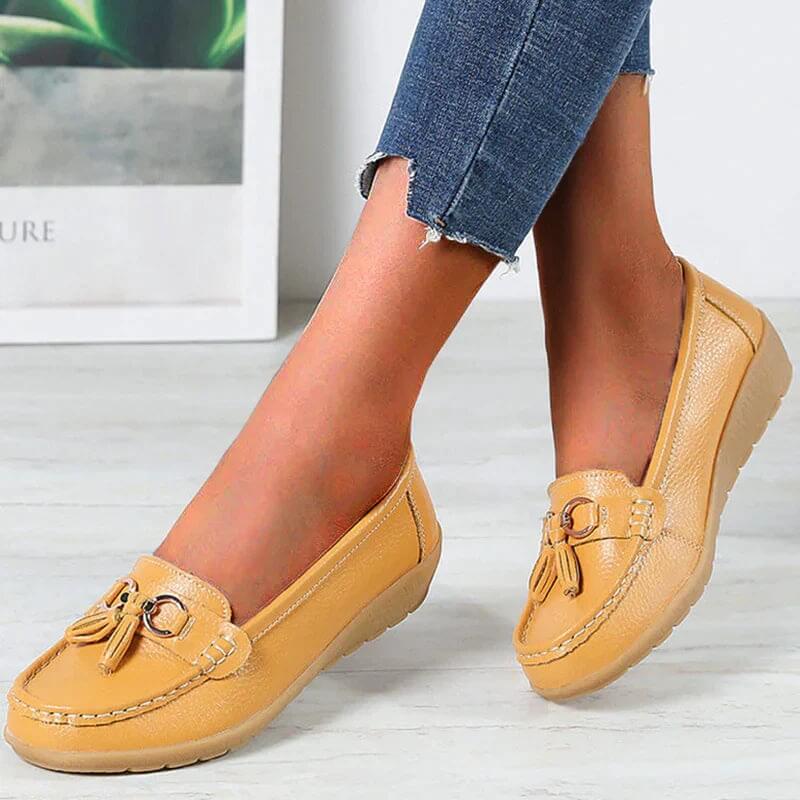 Women's leather loafers - flat walking shoes with tassels - casual office