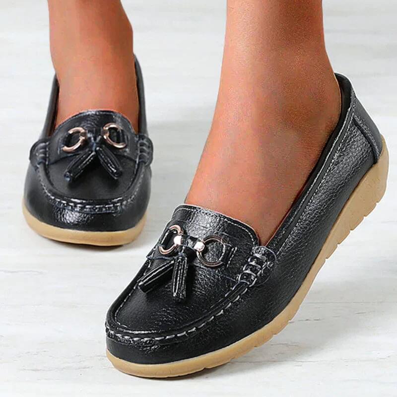 Women's leather loafers - flat walking shoes with tassels - casual office