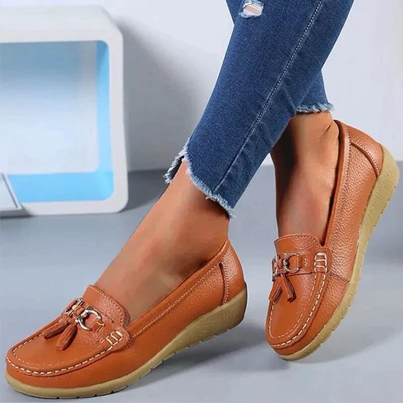Women's leather loafers - flat walking shoes with tassels - casual office
