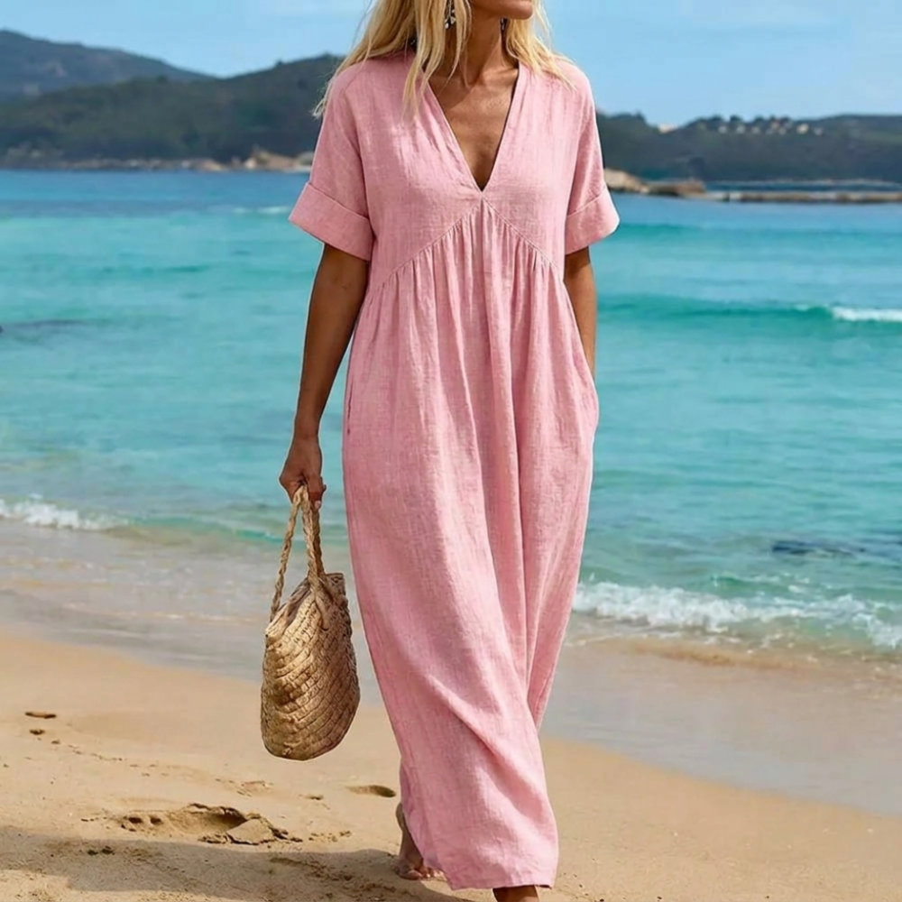 Women's casual maxi dress - loose fit fabric with V-neckline holiday