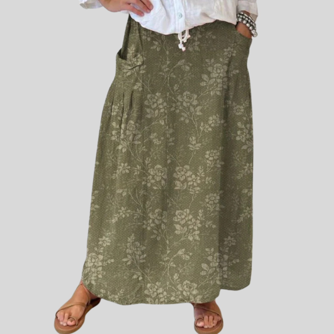 Maxi skirt for women - floral a-line with pockets - casual