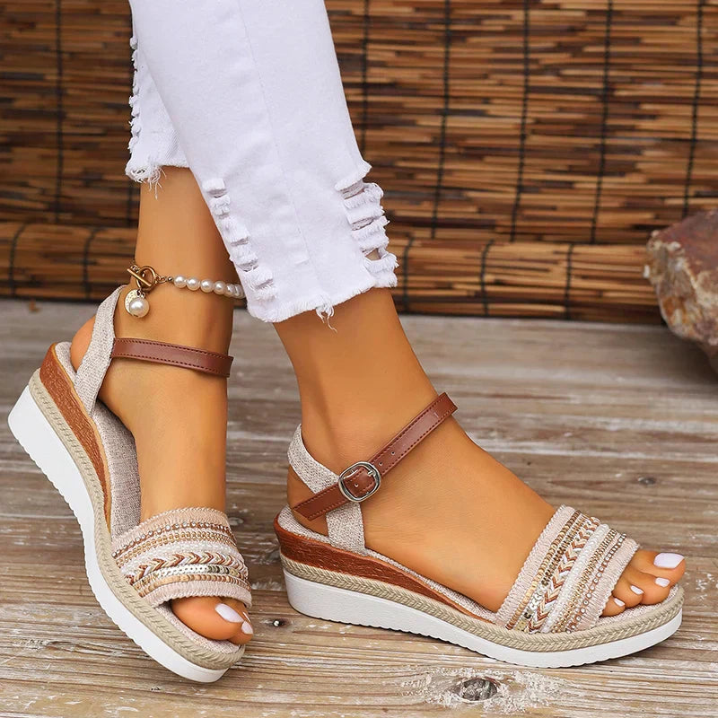 Women's wedge sandals - embellished open toe espadrilles - summer holiday