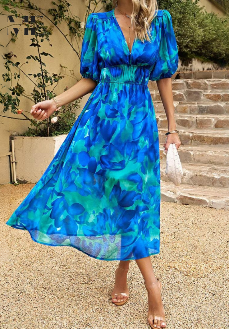 Women's midi dress - floral print A-line dress with puff sleeves - smart casual