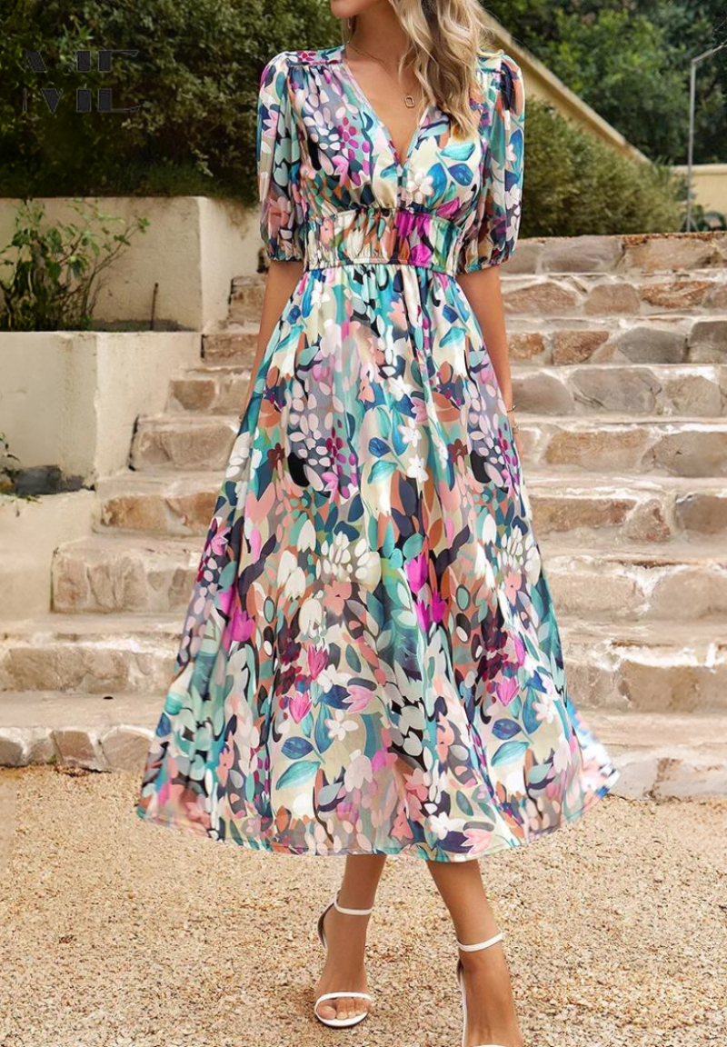 Women's midi dress - floral print A-line dress with puff sleeves - smart casual