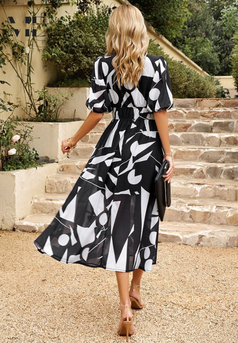 Women's midi dress - floral print A-line dress with puff sleeves - smart casual
