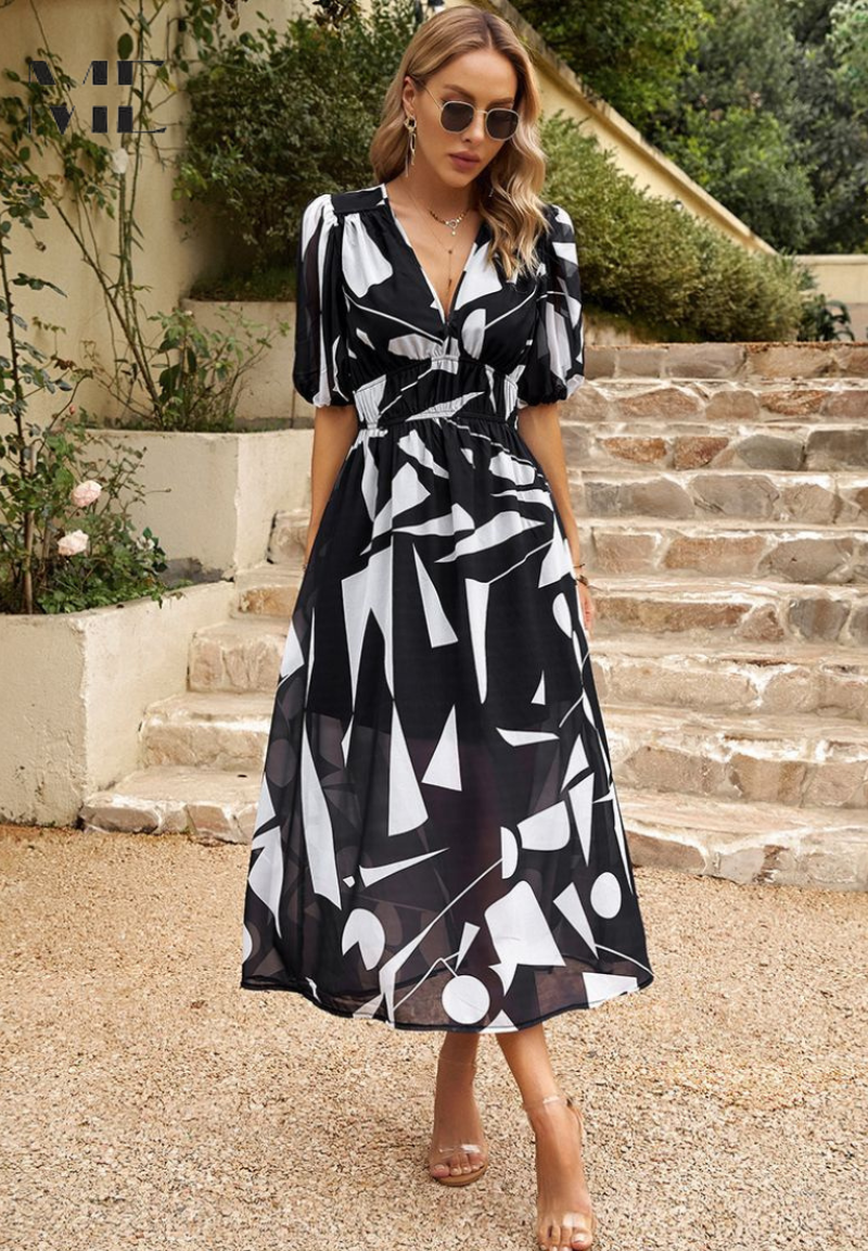 Women's midi dress - floral print A-line dress with puff sleeves - smart casual