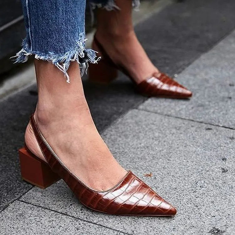 Women's slingback heels - pointed toe block heel shoes with arch support - office