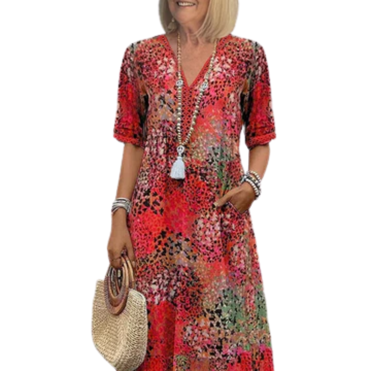 Women's printed midi dress — V-neck a-line with pockets — casual daily