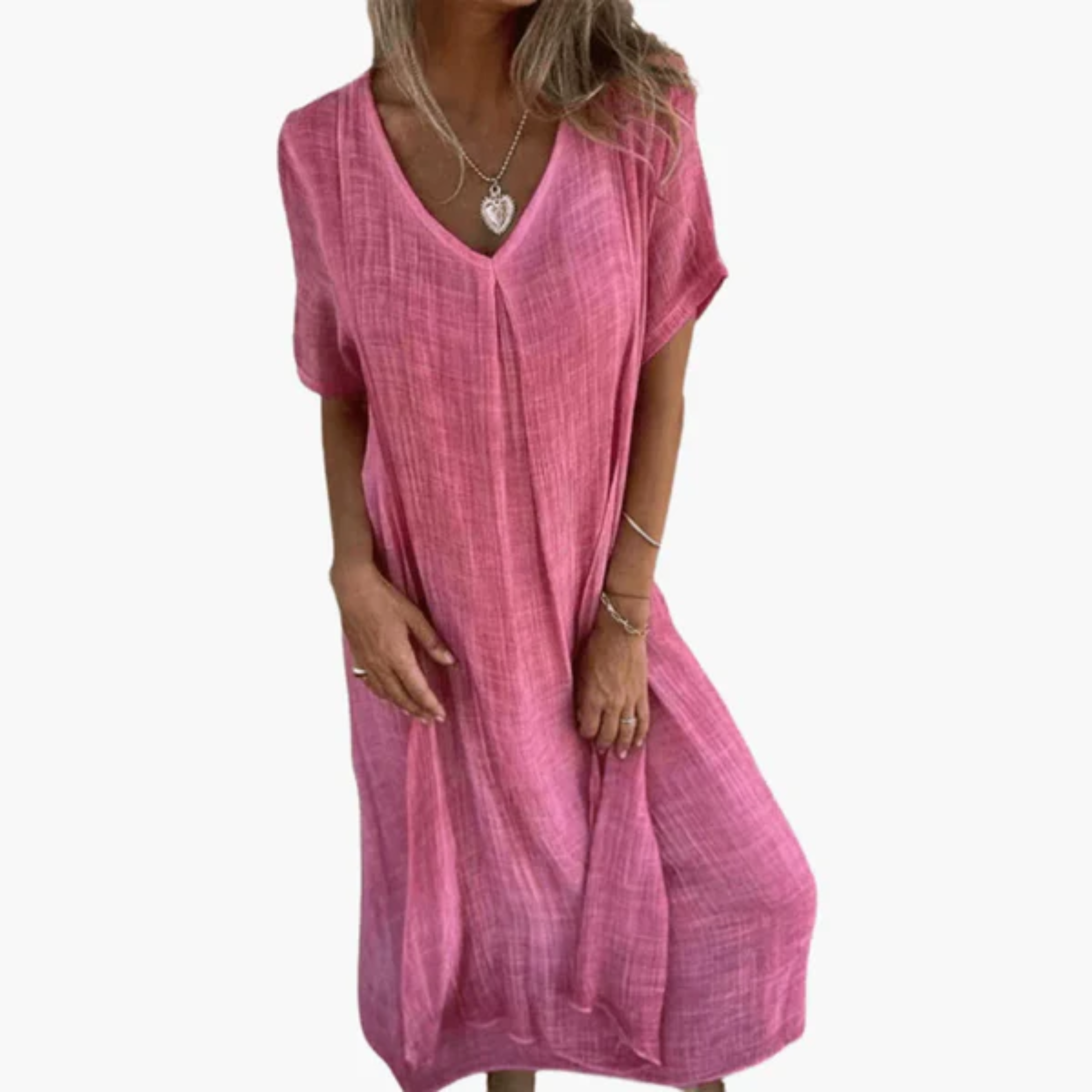Women's Cotton Linen V Neck Maxi Dress Short Sleeve Loose Bohemian Casual Long Dress