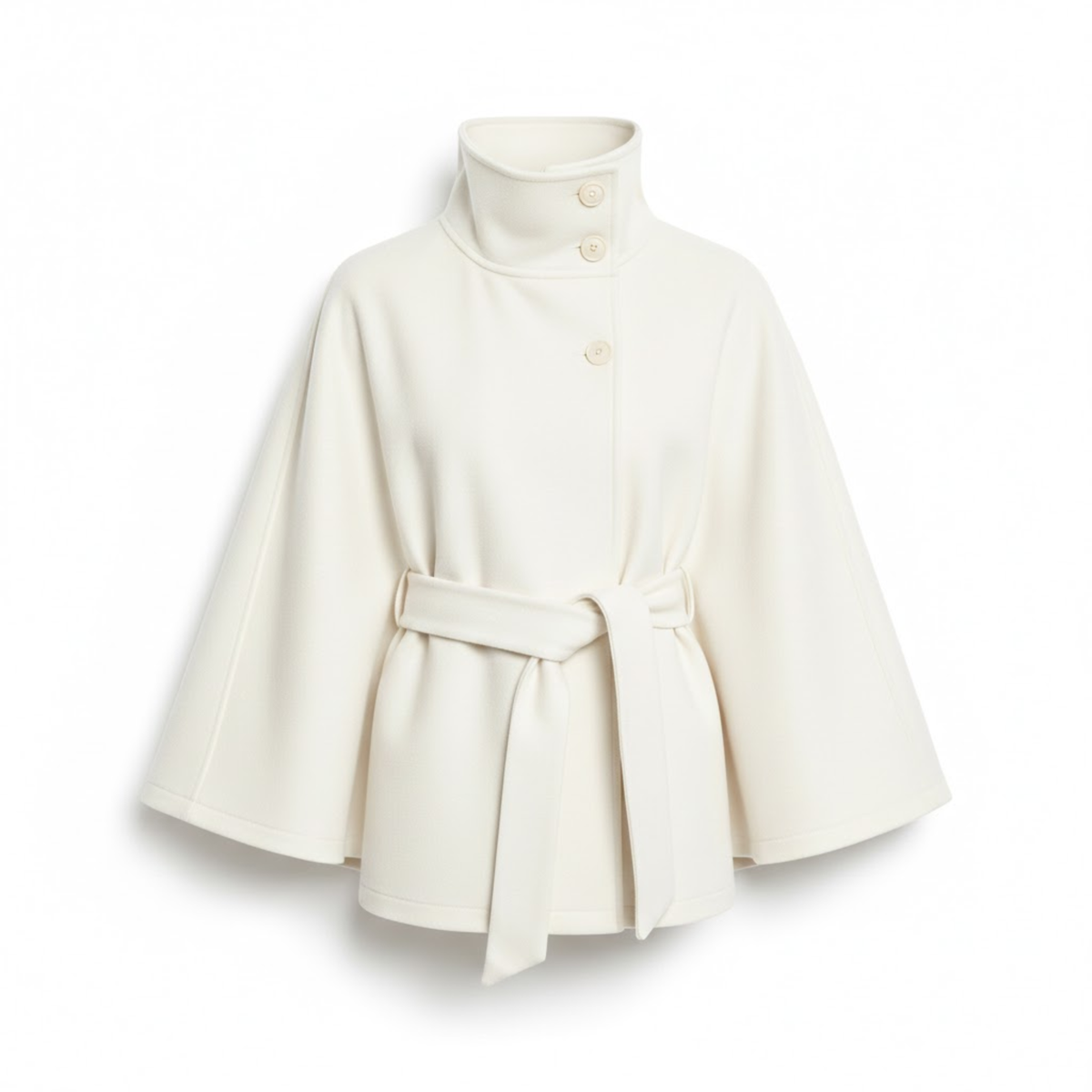 Women's Belted Cape Coat Funnel Neck Long Sleeve Polyester Button Cloak Outerwear