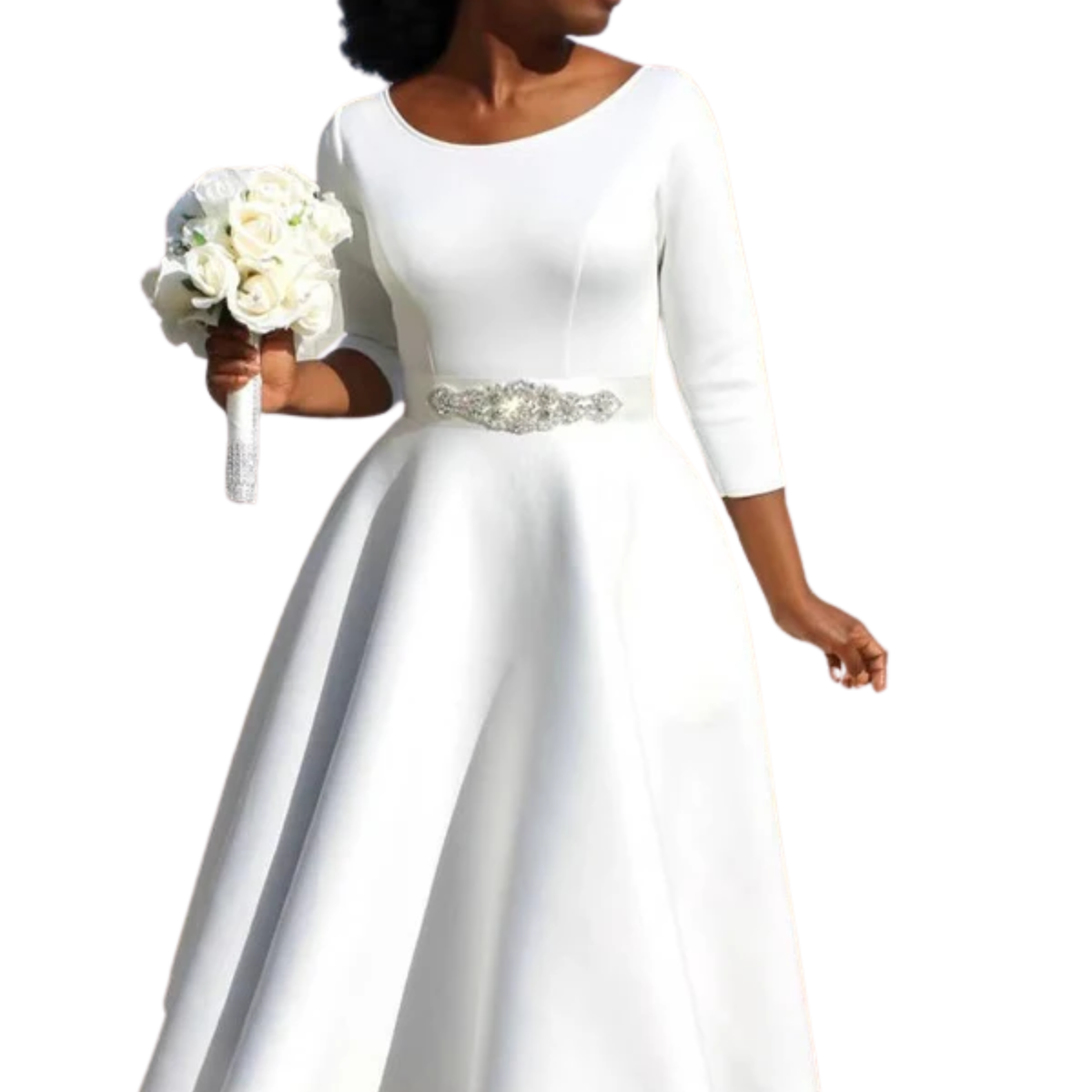 Women's A-Line Midi Dress Three Quarter Sleeve Round Neck Wedding Guest Formal Dress