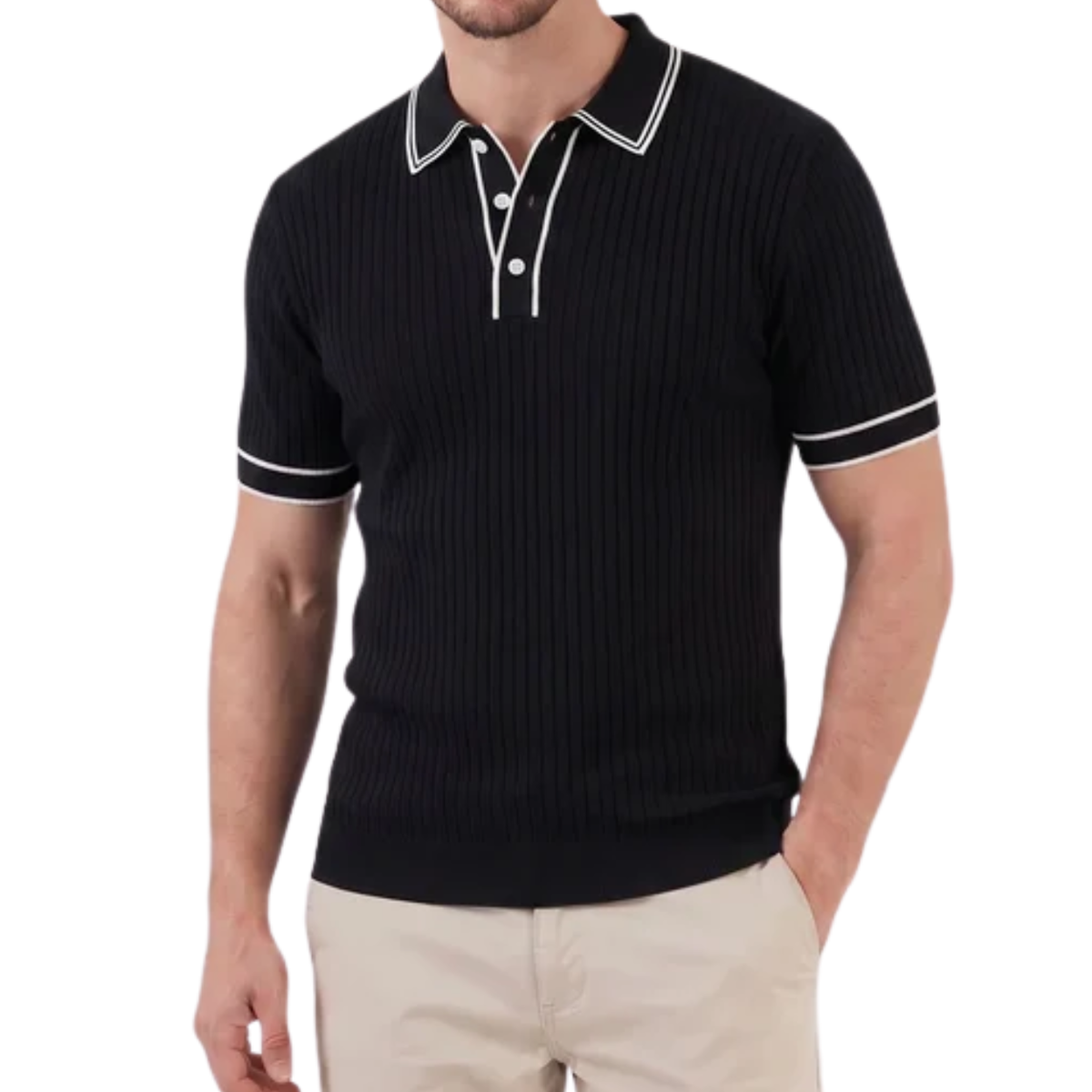 Men's ribbed knit polo — regular fit contrast trim — casual daily