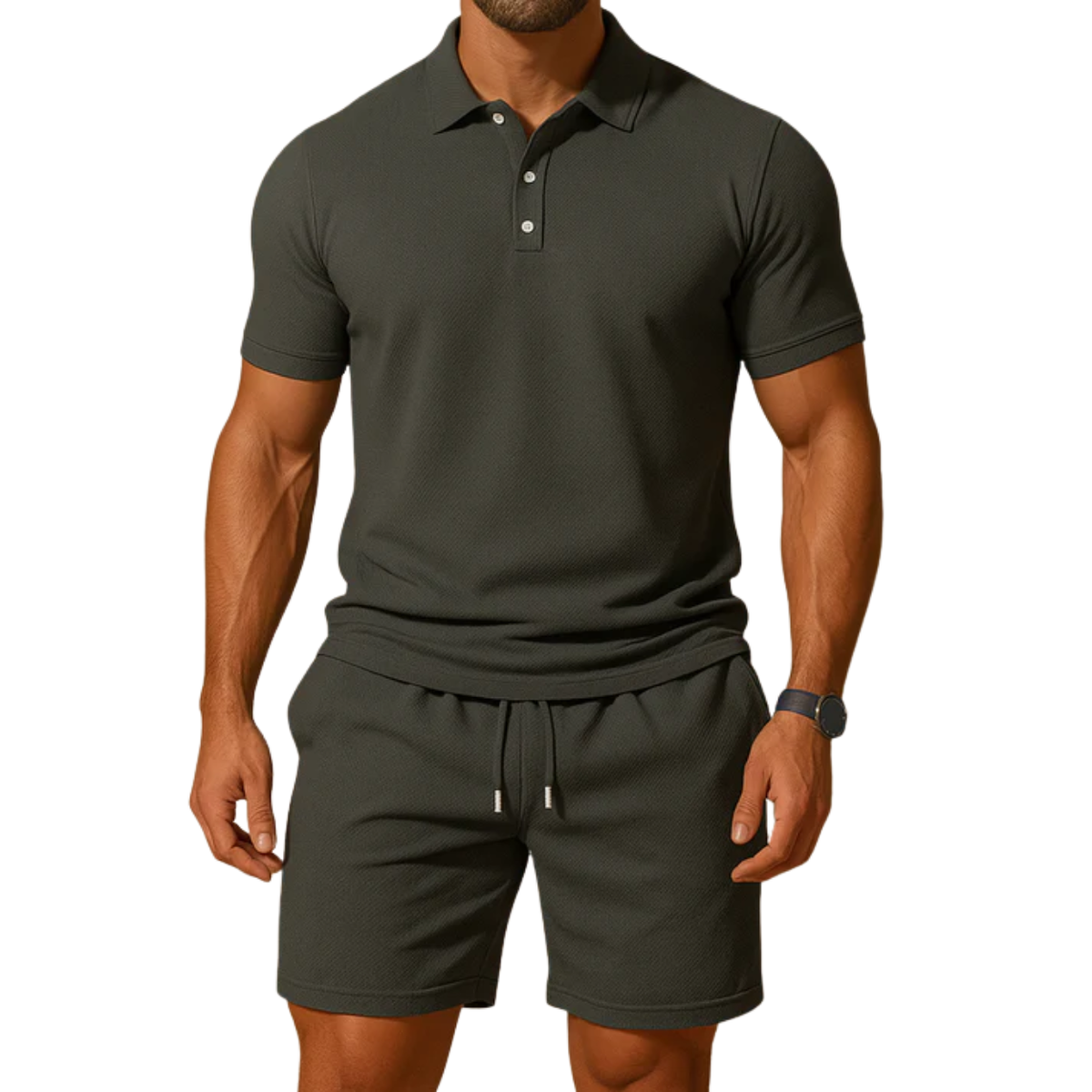 Men's two-piece polo set — drawstring shorts — casual summer holiday