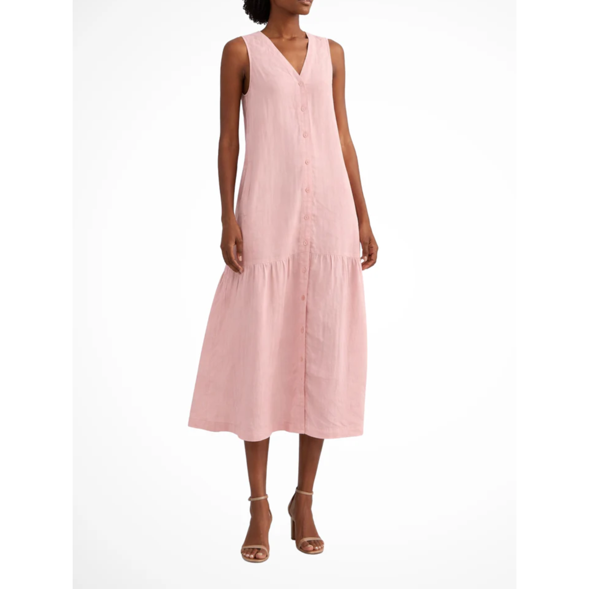 Women's V-Neck Linen Maxi Dress Button Up Sleeveless Tiered Hem Relaxed Fit Gown