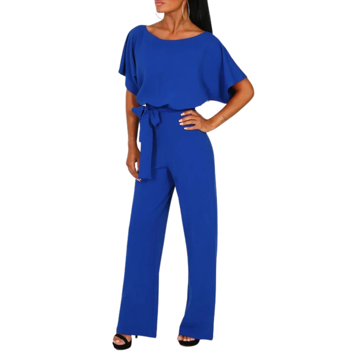 Women's wide-leg jumpsuit — belted waist with short sleeves — office wear