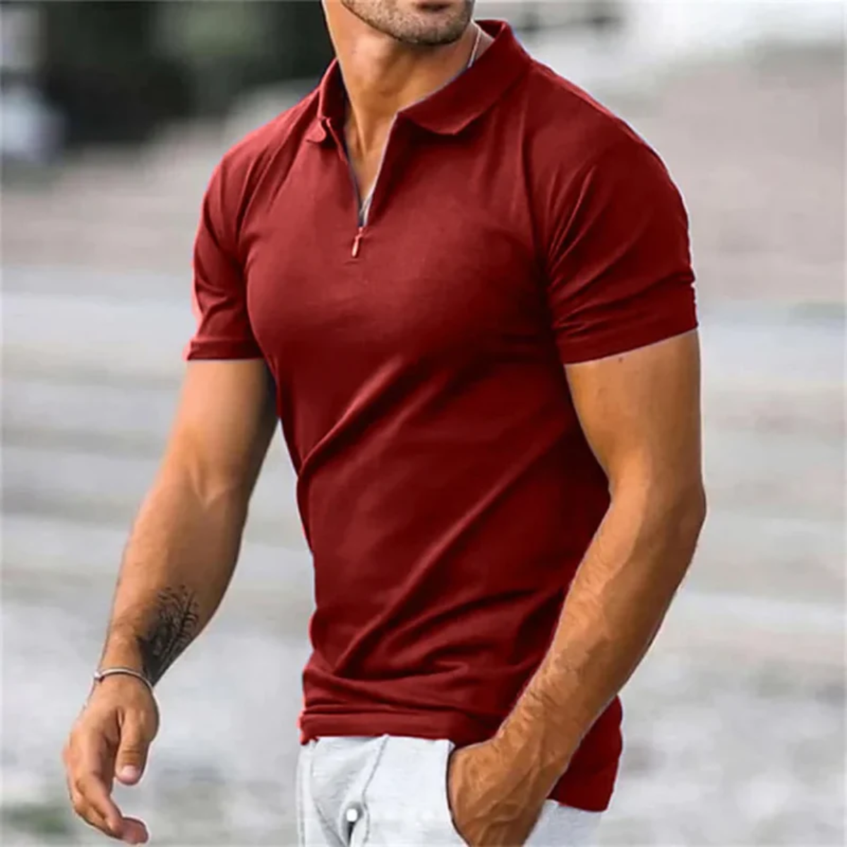 Men's quarter-zip polo shirt — textured knit regular fit — smart casual office