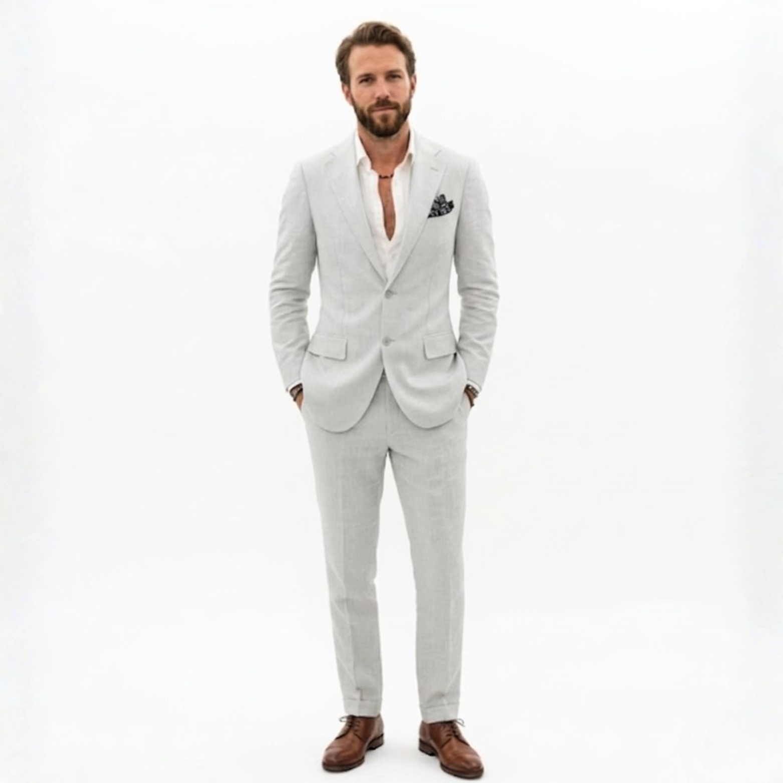 Men’s Cotton Linen Suit 2 Piece Set Slim Fit Single Breasted Blazer and Trousers