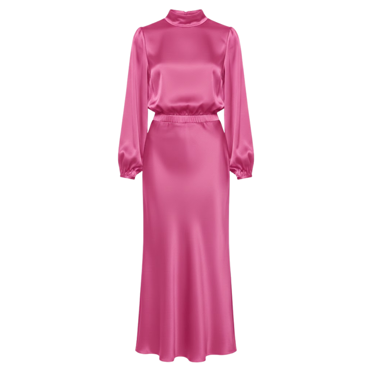 Satin High Neck Maxi Dress Long Sleeve Empire Waist Asymmetrical Evening Party Gown