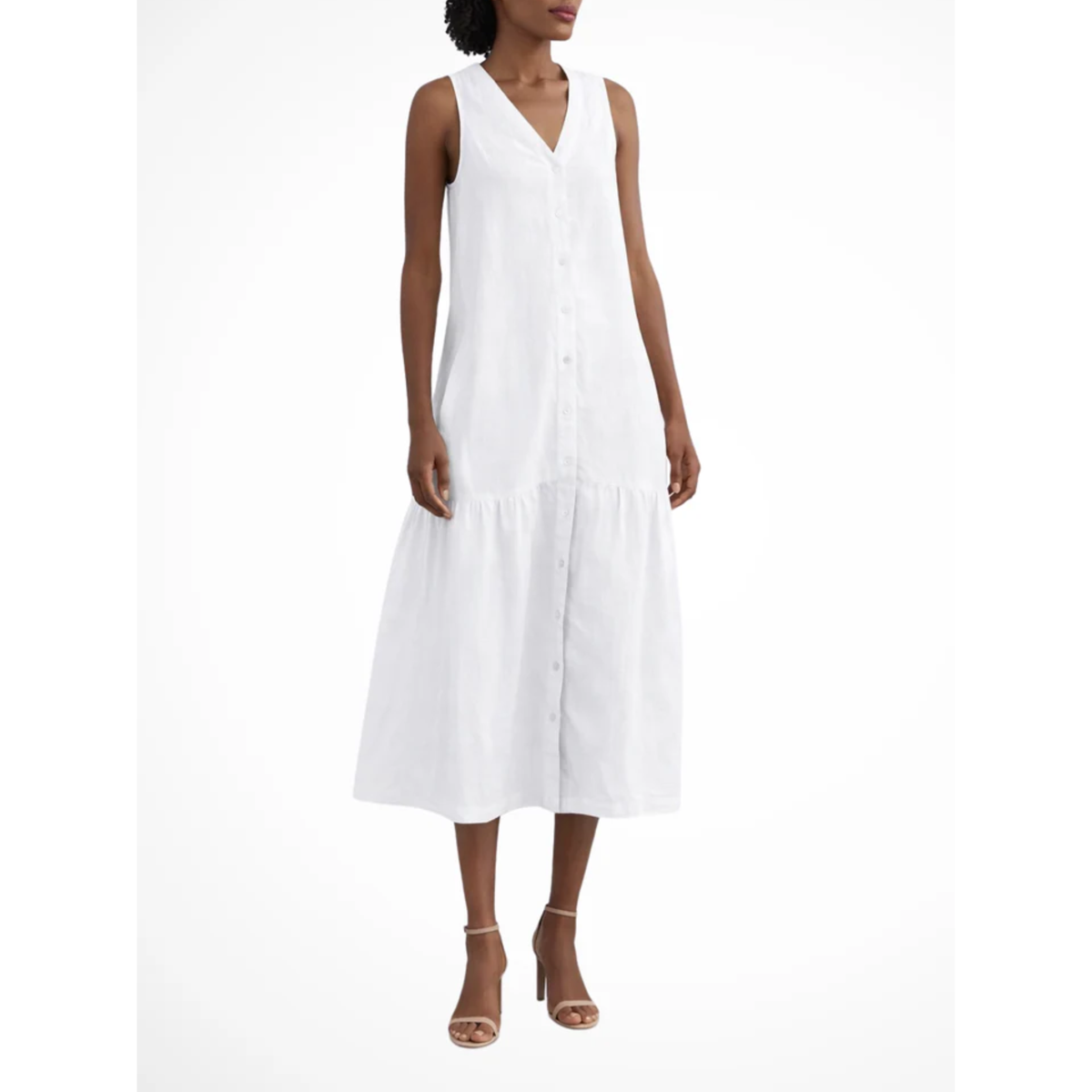 Women's V-Neck Linen Maxi Dress Button Up Sleeveless Tiered Hem Relaxed Fit Gown