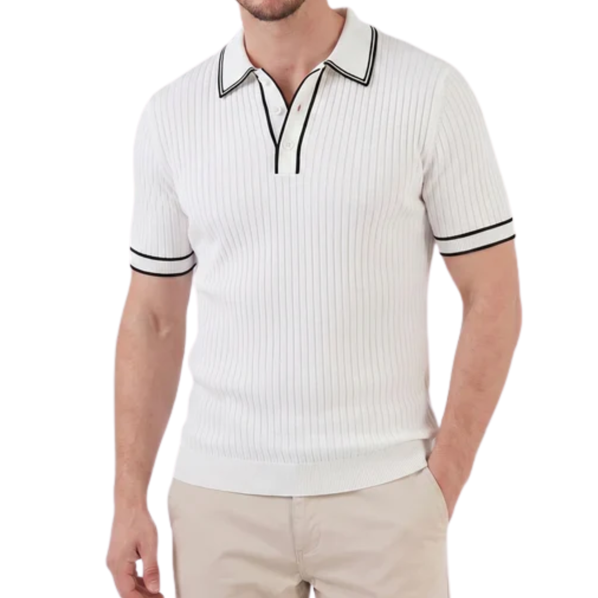 Men's ribbed knit polo — regular fit contrast trim — casual daily