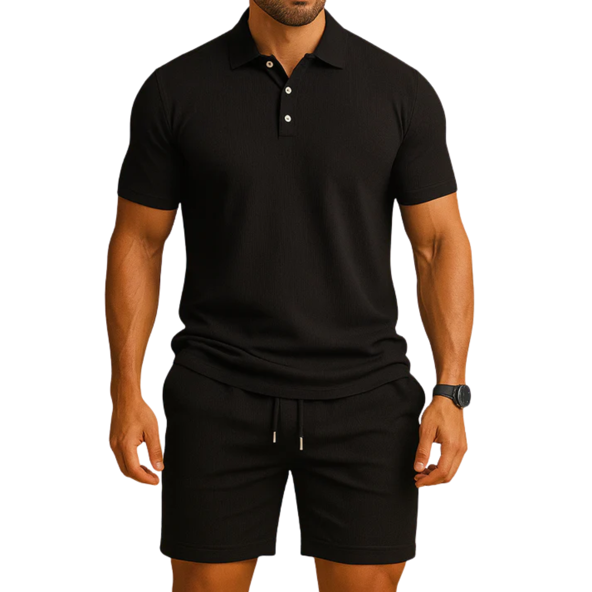 Men's two-piece polo set — drawstring shorts — casual summer holiday