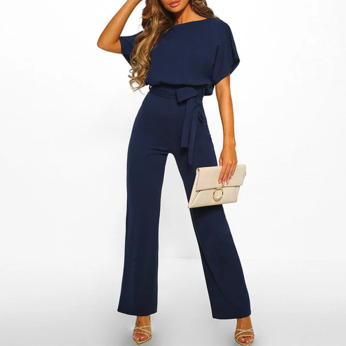 Women's short-sleeve jumpsuit — tie waist wide leg — casual events