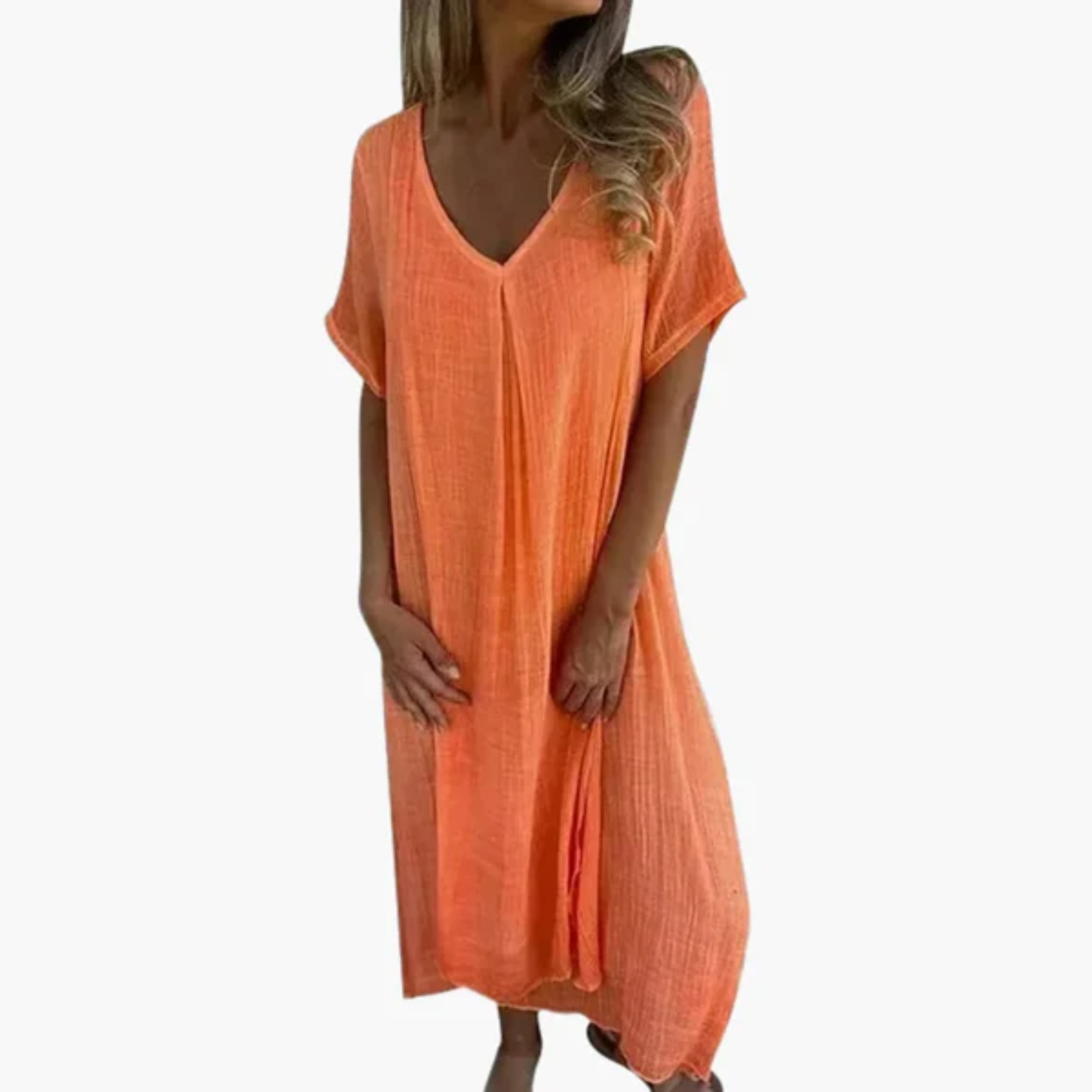 Women's Cotton Linen V Neck Maxi Dress Short Sleeve Loose Bohemian Casual Long Dress