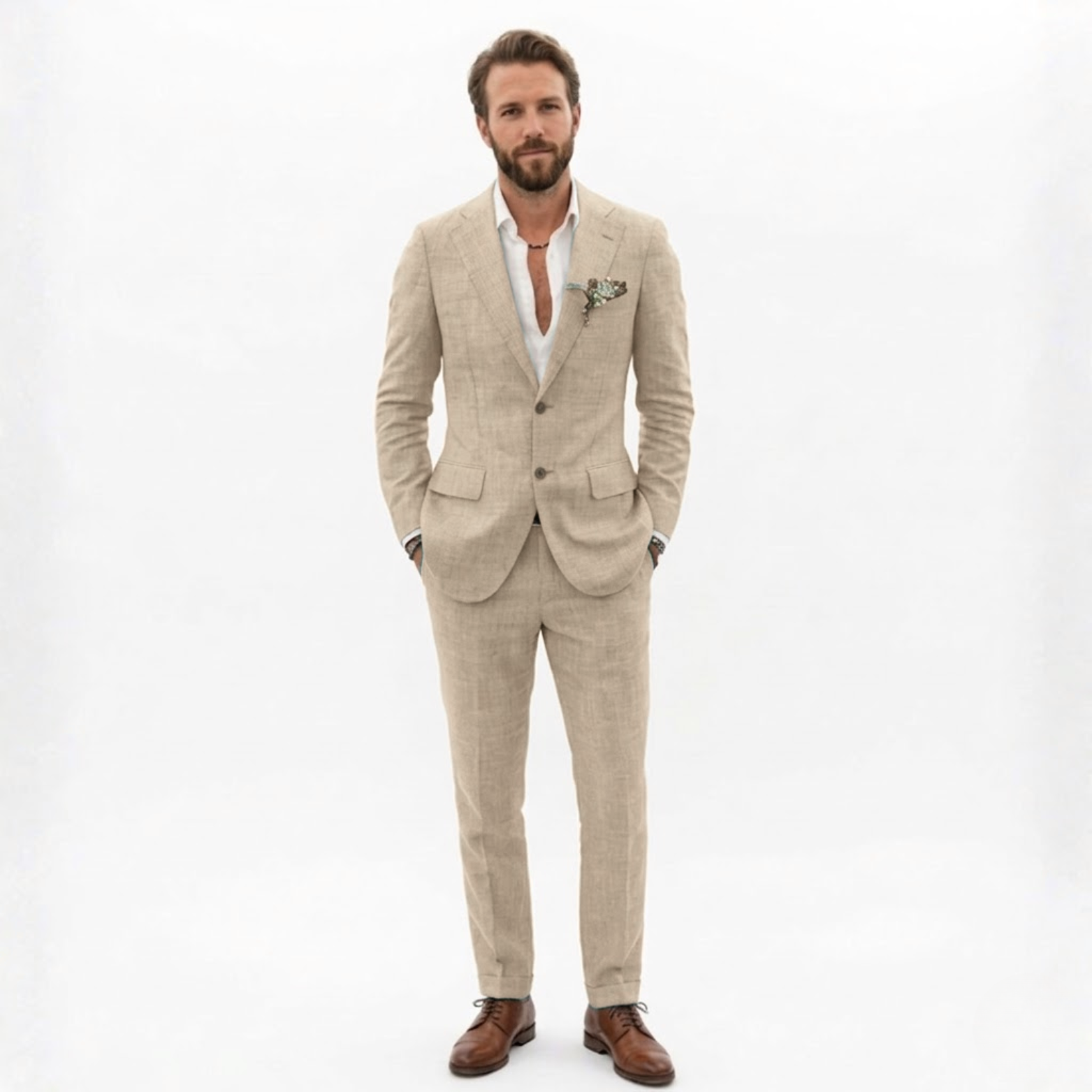 Men’s Cotton Linen Suit 2 Piece Set Slim Fit Single Breasted Blazer and Trousers
