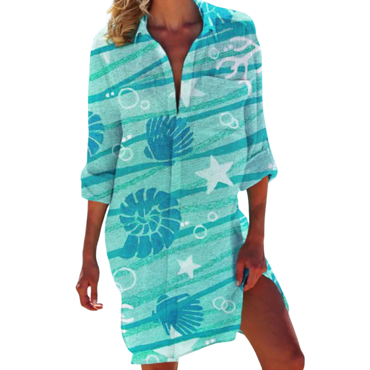 Tropical Print Shirt Dress Women's Beach Cover Up with 3/4 Roll-Tab Sleeves