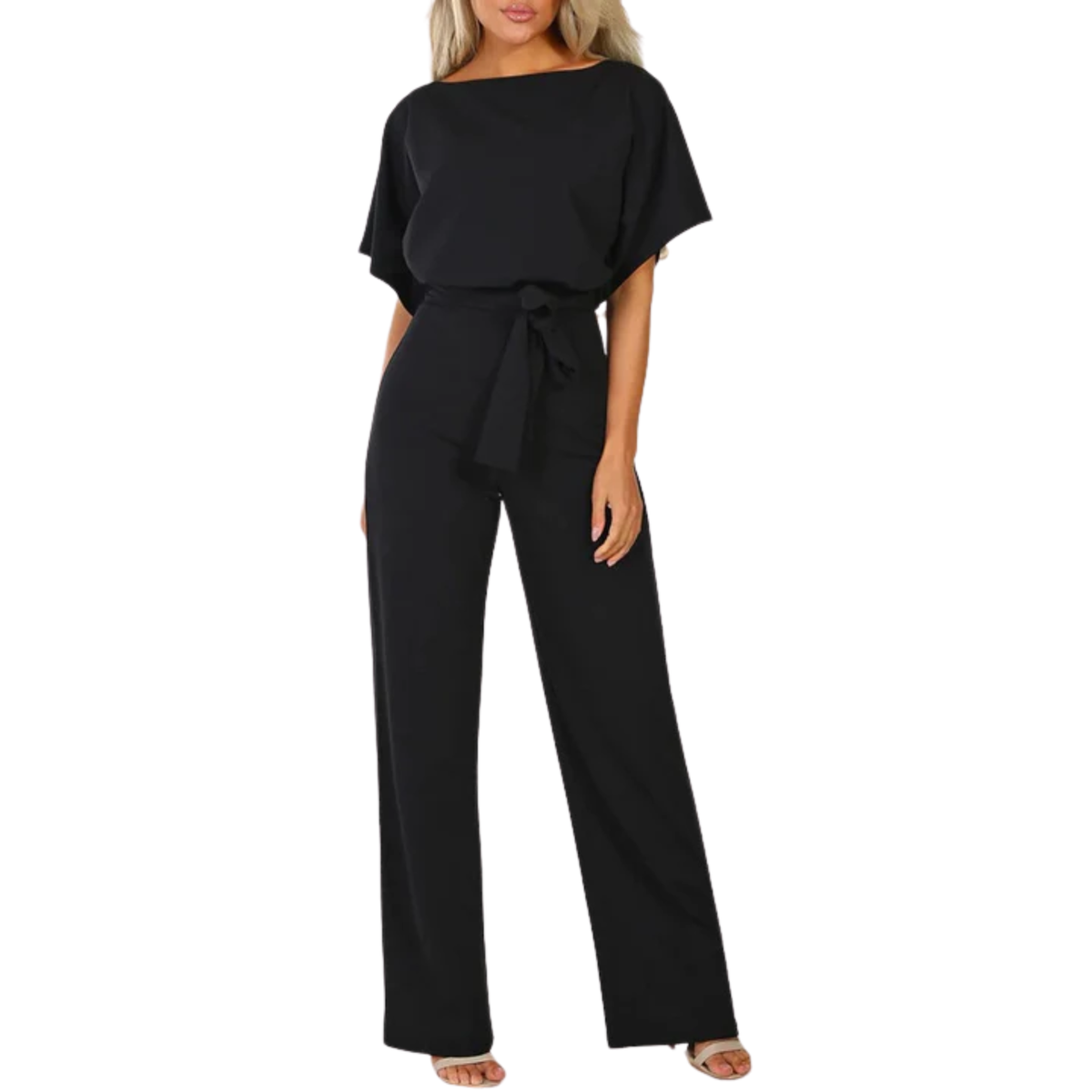 Women's wide-leg jumpsuit — belted waist with short sleeves — office wear